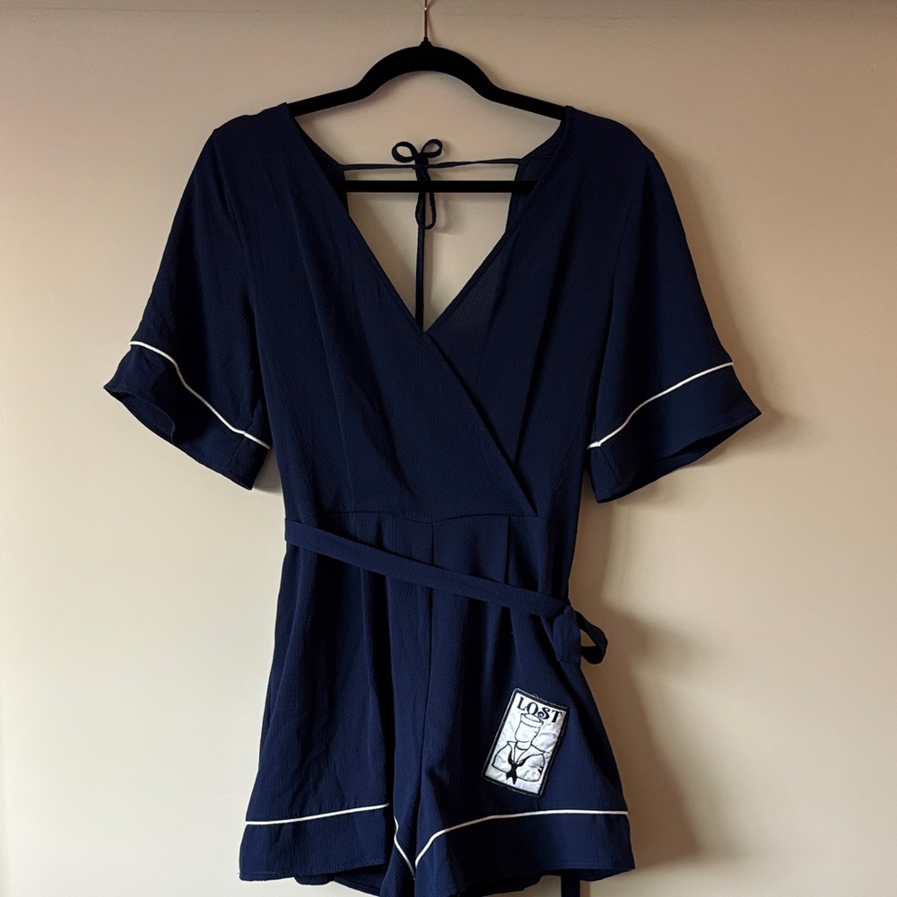 Upcycled Grateful Dead inspired Lost Sailor Navy Blue Romper with white trim